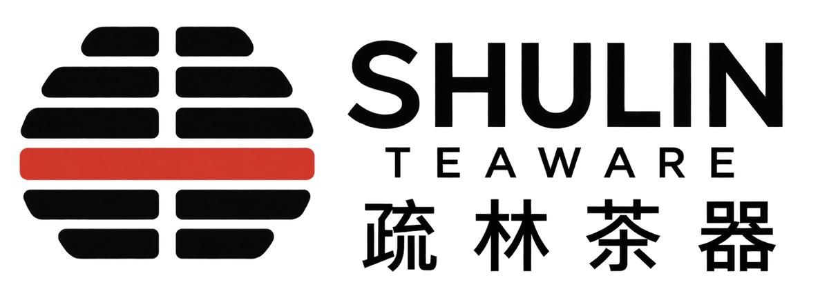 SHULIN Teaware logo with six horizontal levels: five broken black lines and one unbroken vermilion line